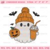 Halloween Ghost Drinking Coffee Embroidery Designs, Ghost Pumpkin Halloween Embroidery Design