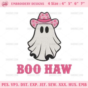 Pink Boo Haw Embroidery Designs, Pink Cowgirl Ghost Halloween Embroidery Design Files