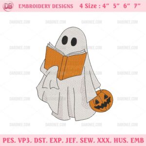 Pumpkin Ghost Reading Book Embroidery Designs, Book Lover Halloween Embroidery Designs